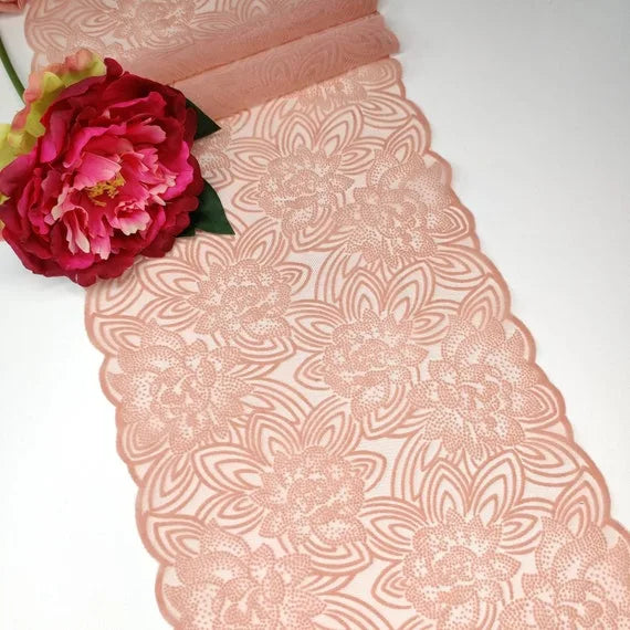 Breite elastische Spitze, geflocked.  Frischer Pfirsich / rosa, Preis per 1 Meter IDsx4 LingerieMeMade