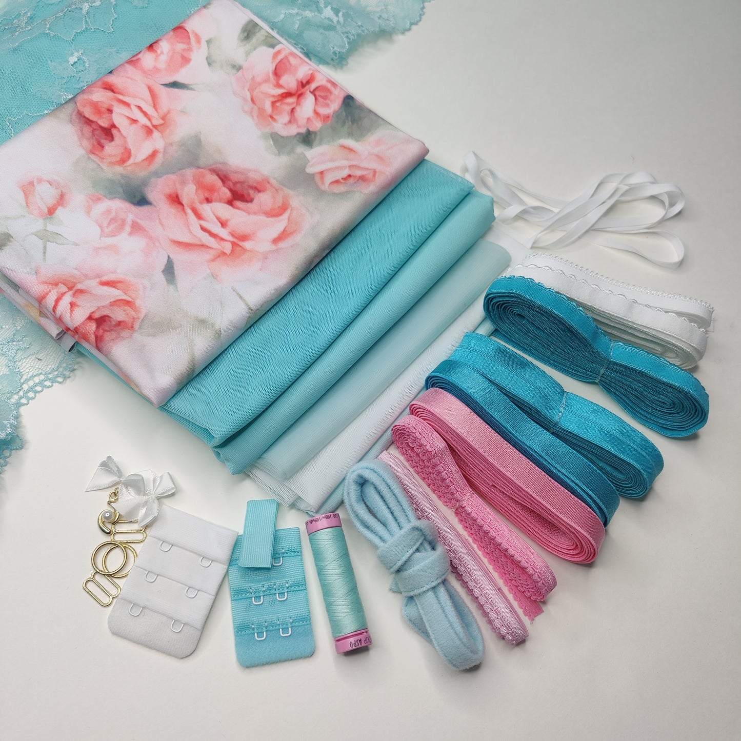 Large sewing set for 2x bras and panties or sewing package with <tc>lace</tc>, microfiber and Powernet in mint green. IDnsx1