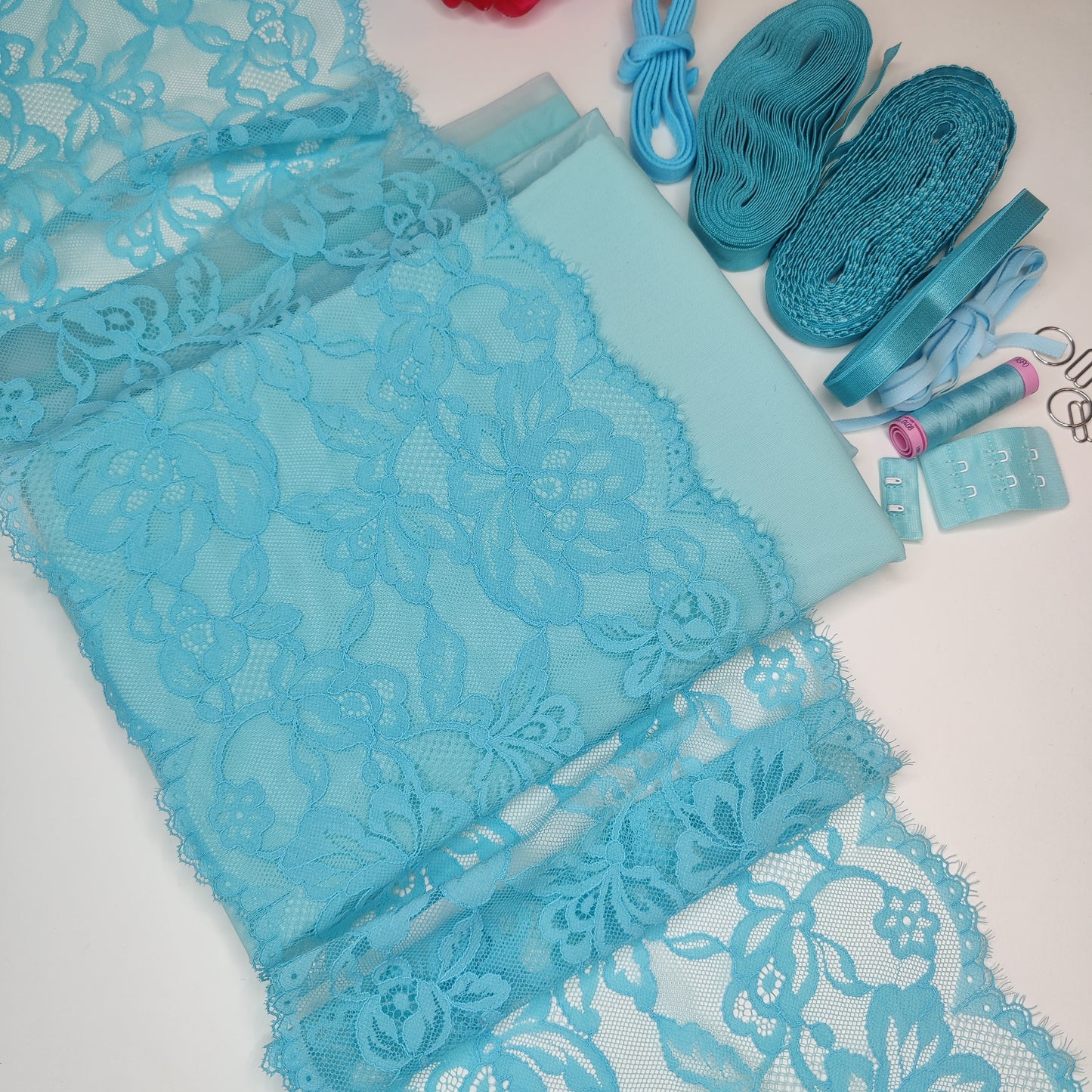 Large sewing set for 1 bra and 2 briefs or creative sewing package with <tc>lace</tc>, 2x microfiber and Powernet in turquoise. IDnsx1