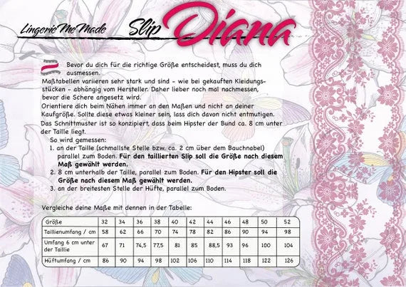 Schnittmuster von Lingeriememade Slip Diana Gr. 32 - 52, deutsch / german. PDF E-Book Slip/ Damenhöschen Nähen mit 9 Variationen. IDsmx3 LingerieMeMade