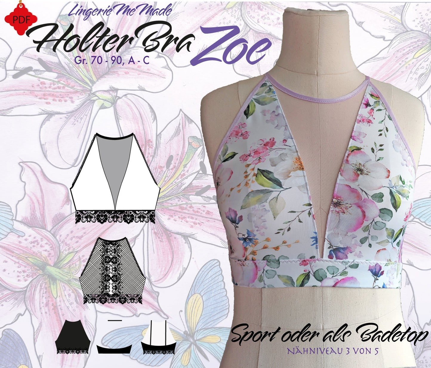 Set de costura para HolterBra Zoe con malla elástica en color coral. Patrón incluido de forma gratuita. IDdiyklx5