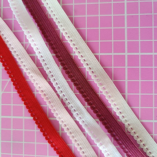 8 mm Zierlitze/Wäschegummi, Picot elastic, panty elastic in weiß, off-white, rosa, rot, beere IDelx19