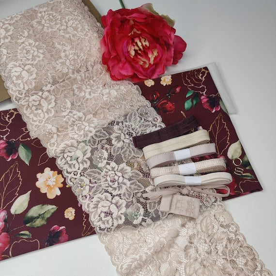 Bra and panties DIY sewing set/creative package for lingerie made of microfiber floral burgundy with <tc>lace</tc> beige IDnsx1
