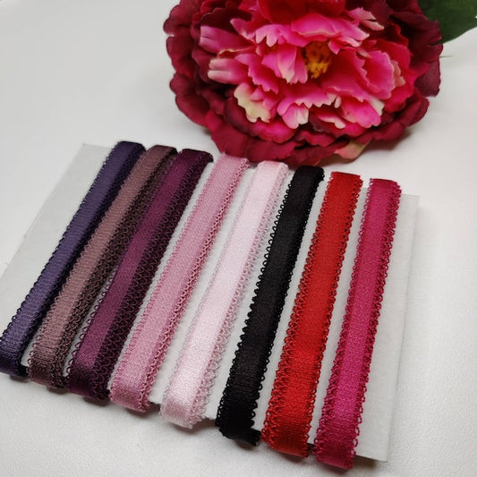 10 mm BH-Trägerband mit Bogen/ 1 cm or 3/8&quot; strap elastic. himbeere, rosa, schwarz, rot, blush pink, black, rasberry, plum, beery IDtrx20