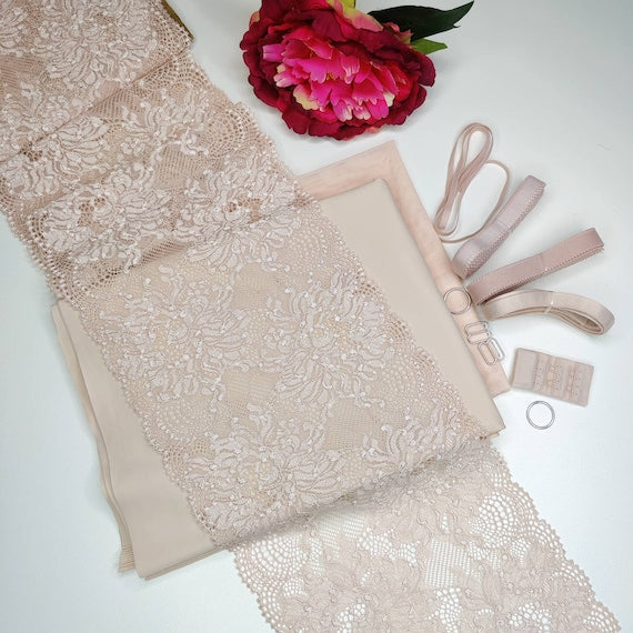 Bra + panties DIY sewing set / creative sewing package with <tc>lace</tc> and microfiber, silver peony IDnsx1