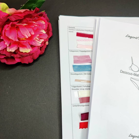 Beginner lingerie swimwear material swatch chart, sewing stitches overview, powernet vs powermesh, bra parts overview, fabric usage. German