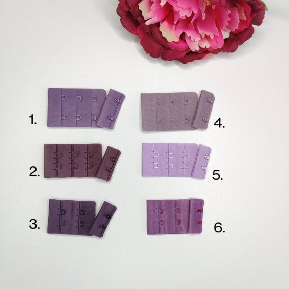 Bra closure 2x2 or 2x3. 8 color directions lavender, purple, grape, berry, plum, lilac, crocus, iris. Bra closure, hook & eye IDheyex17