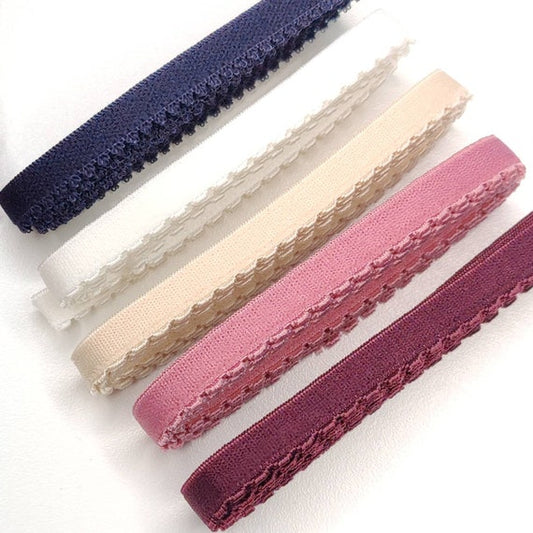 10 mm wide underbust elastic with picot edge in midnight blue, blue, off-white, whisper-white, beige, nude, flamingo, plum IDelx19