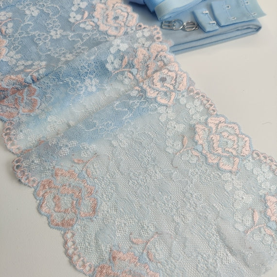Sewing set for bralette Vanessa / sewing set with <tc>lace</tc> duo baby blue/baby pink floral with closure IDvx21