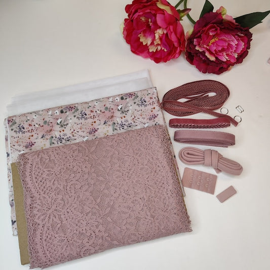 BH + Höschen DIY Nähset / Nähpaket mit Spitze und Jersey powder rose flowers/ Lingerie sewing kit with stretch lace for bra and panty IDnsx1