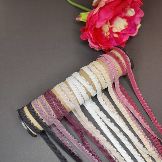 9 mm decorative braid/laundry elastic, panty picot elastic in white, cream, beige, pink, berry, flamingo, plum, plum, crocus, purple, black IDelx19