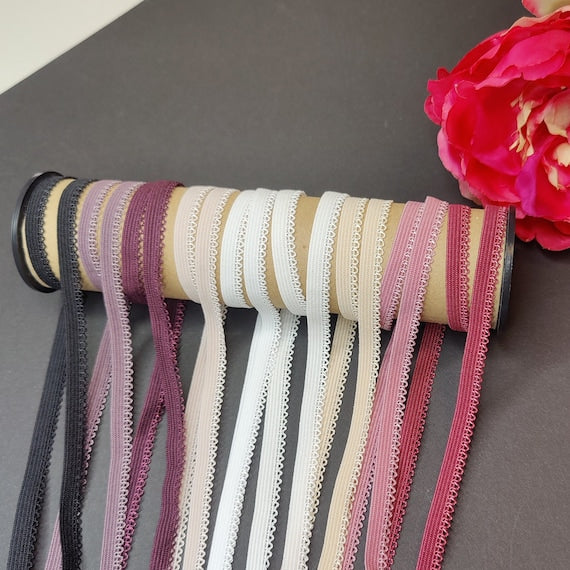 9 mm decorative braid/laundry elastic, panty picot elastic in white, cream, beige, pink, berry, flamingo, plum, plum, crocus, purple, black IDelx19