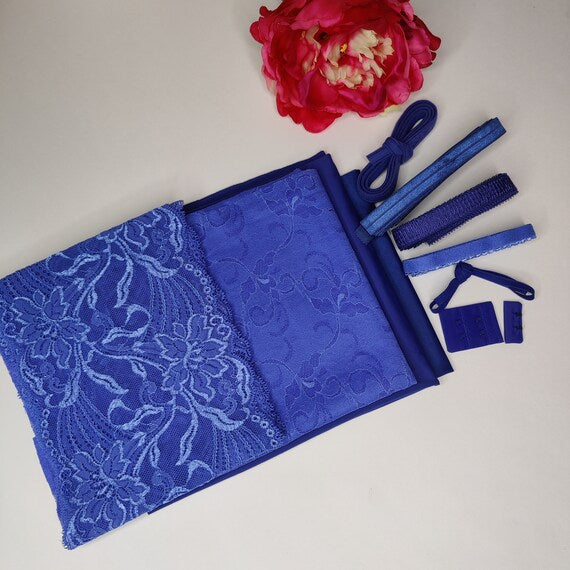 Bra + panties diy sewing set / creative sewing package with <tc>lace</tc> and microfiber, jeans blue. Lingerie sewing kit with stretch lace IDnsx1