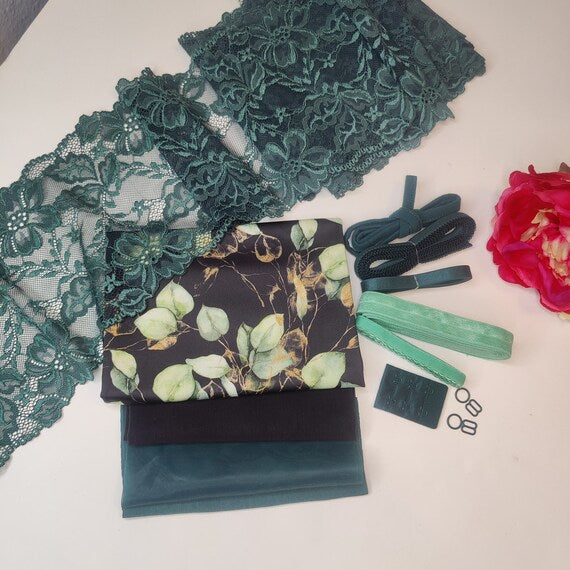 Bra + panties DIY sewing set / creative sewing package with <tc>lace</tc>, powernet, microfiber and fabric in green IDnsx1