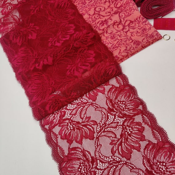 Kreativpaket für BH + Höschen DIY Nähset / Nähpaket mit Spitze und Powernet-knit in rosa/himbeere rot IDnsx1