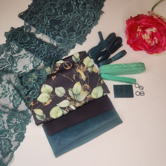 Bra + panties DIY sewing set / creative sewing package with <tc>lace</tc>, powernet, microfiber and fabric in green IDnsx1