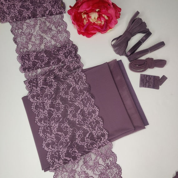 Bra + panties DIY sewing set / sewing package with <tc>lace</tc>, microfiber, powernet in crocus purple. IDnsx1