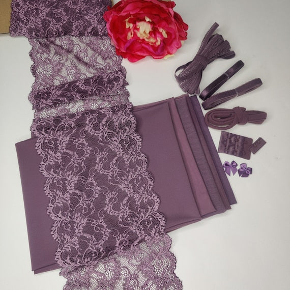 Bra + panties DIY sewing set / sewing package with <tc>lace</tc>, microfiber, powernet in crocus purple. IDnsx1