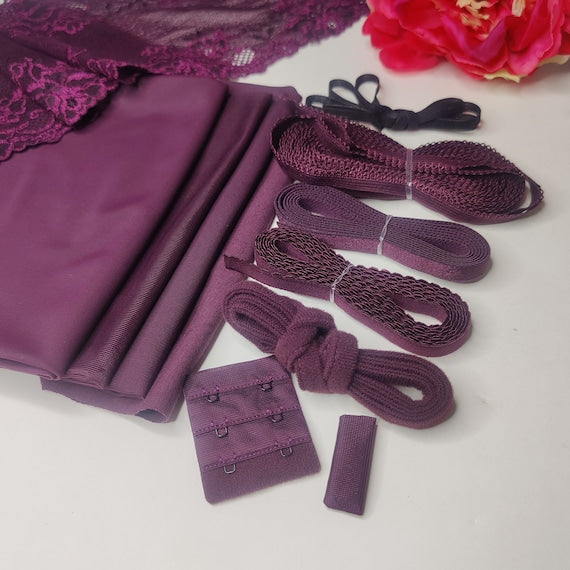Set de costura de lencería para coser usted mismo sujetador y bragas/paquete de costura creativo con <tc>Encaje</tc>, microfibra, powernet, tela en color ciruela sobre negro IDnsx1