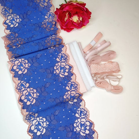 Bra + panties diy sewing kit/creative sewing package with lace and microfiber, jeans blue and cheeky peach. Lingerie sewing kit with stretch lace IDnsx1