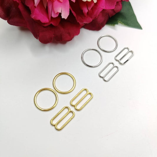 15 mm Ringe und Schieber für Trägerband, Schulterband, Trägergummi Metall, gold silber. Geeignet für Bademode IDrsx18