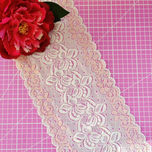 elastic <tc>lace</tc> in pink flowers on white price per 1/2 meter IDsx4