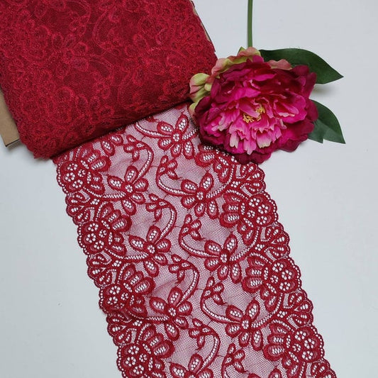 elastic lace dark red with flowers, price per 1/2 meter IDsx4