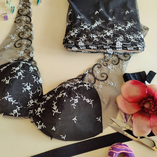 Embroidery on tulle Flowers on black tulle/ embroidery lace black/white/lurex embroidered tulle lace black IDstx9