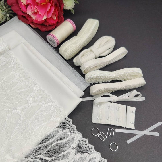 Bra + panties DIY sewing set / creative sewing package with lace and microfiber, powernet ivory, cream, milk IDnsx1