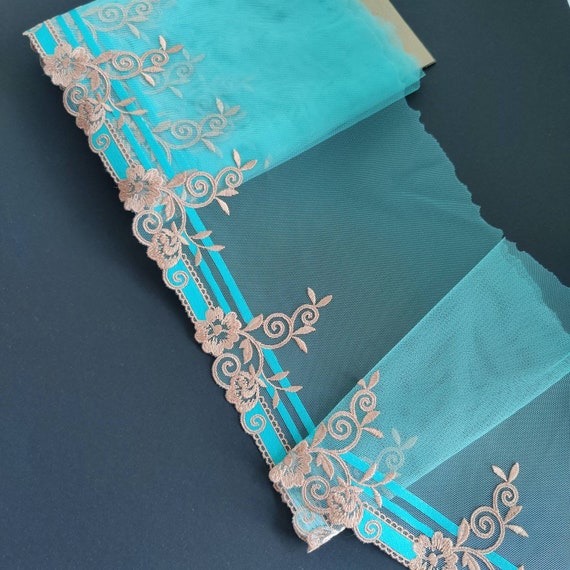 2 m elastic embroidery on tulle in turquoise, embroidery lace, IDstx9