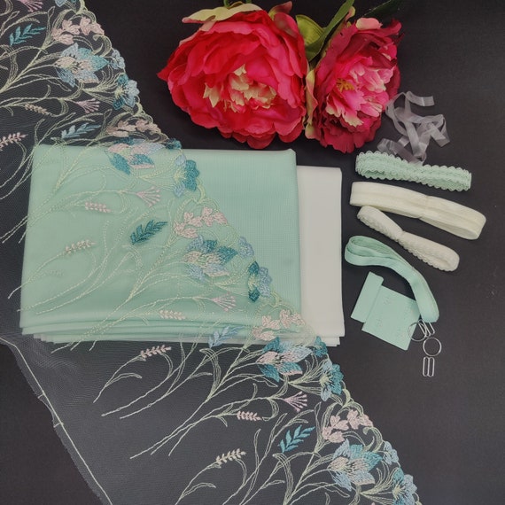 Bra sewing kit with embroidery lace e.g. Black Beauty Bra green, mint, pink, light blue flowers IDbbbx12