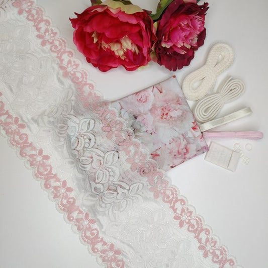 Sewing lingerie: sewing set for bra and panties / sewing package with <tc>lace</tc> and jersey print with roses ecru baby pink IDnsx1