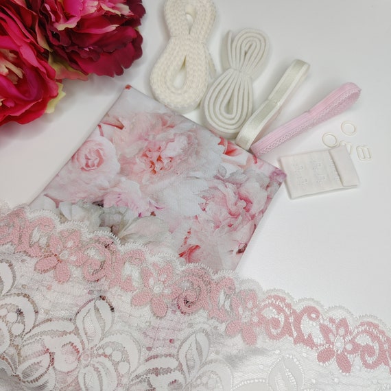 Sewing lingerie: sewing set for bra and panties / sewing package with <tc>lace</tc> and jersey print with roses ecru baby pink IDnsx1